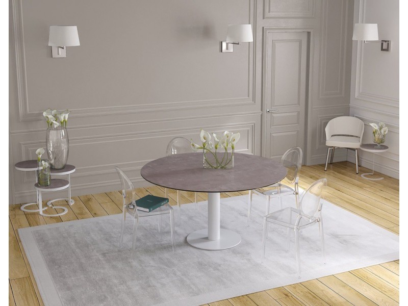 UNA - Table de repas extensible deux allonges intégrées pied central acier laqué blanc