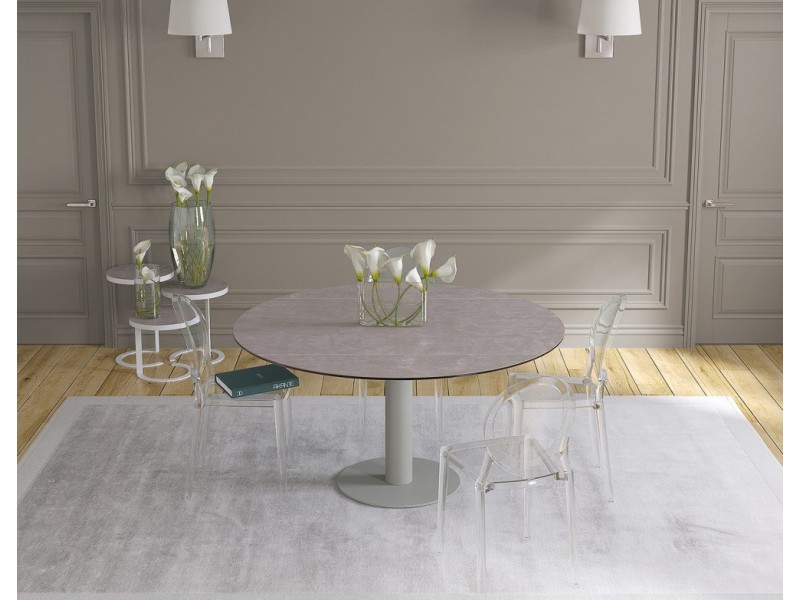 UNA - Table de repas extensible deux allonges intégrées pied central acier laqué gris