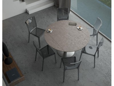 UNA - Table de repas extensible deux allonges intégrées pied central acier inox brossé