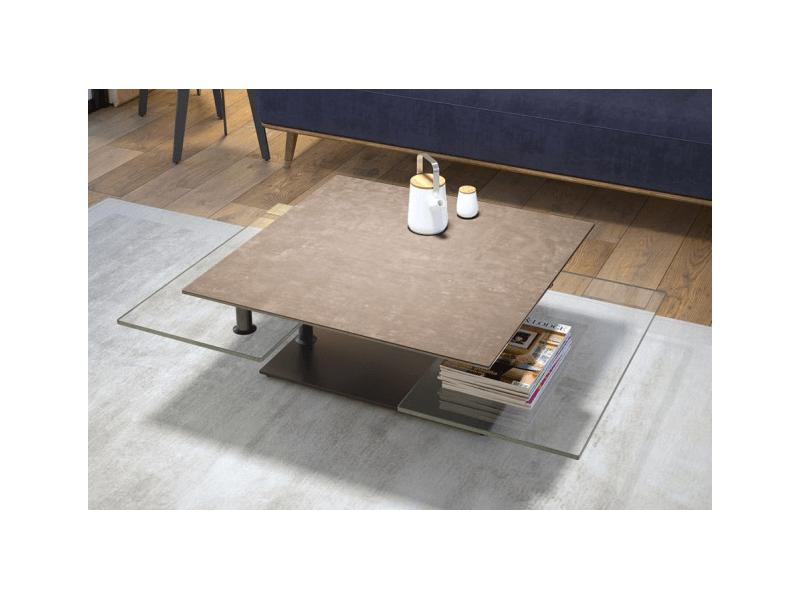 QUAD - Table basse plateaux pivotants céramique ou verre avec piètement acier