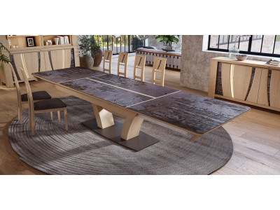 Table à manger extensible avec pied central en chêne et céramique