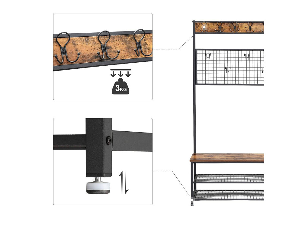 Porte-manteau industriel et Banc avec étagères 