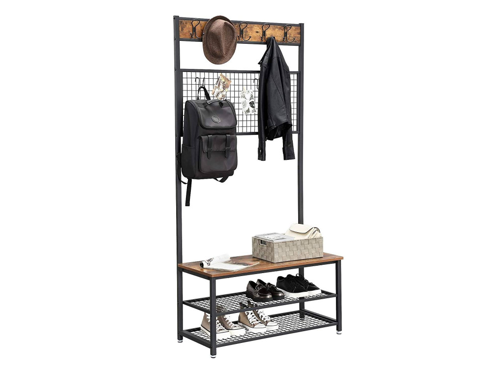 Porte-manteau industriel et Banc avec étagères 