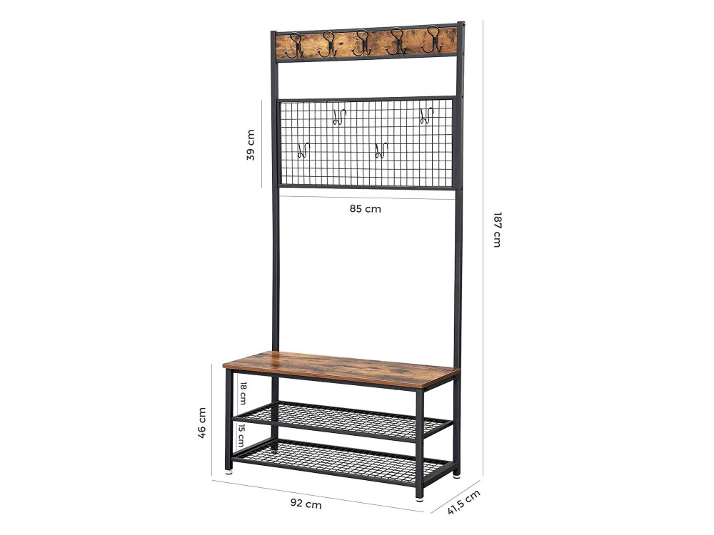Porte-manteau industriel et Banc avec étagères 