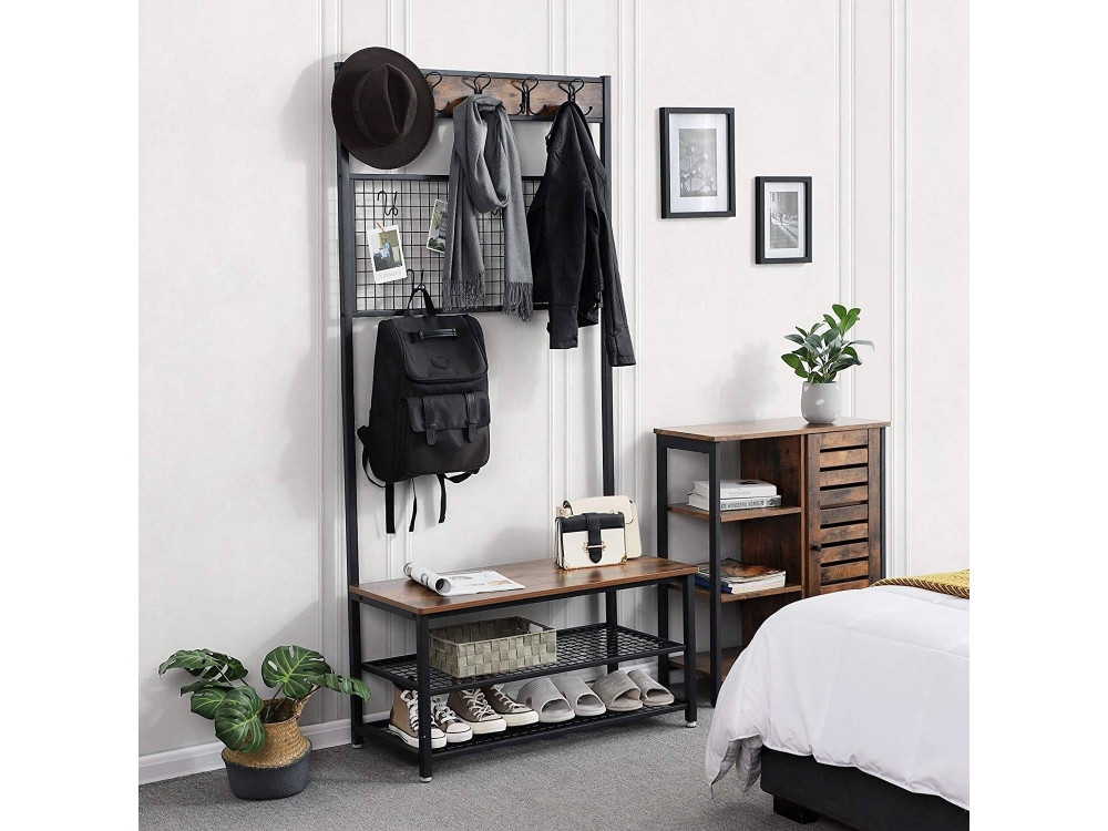 Porte-manteau industriel et Banc avec étagères 