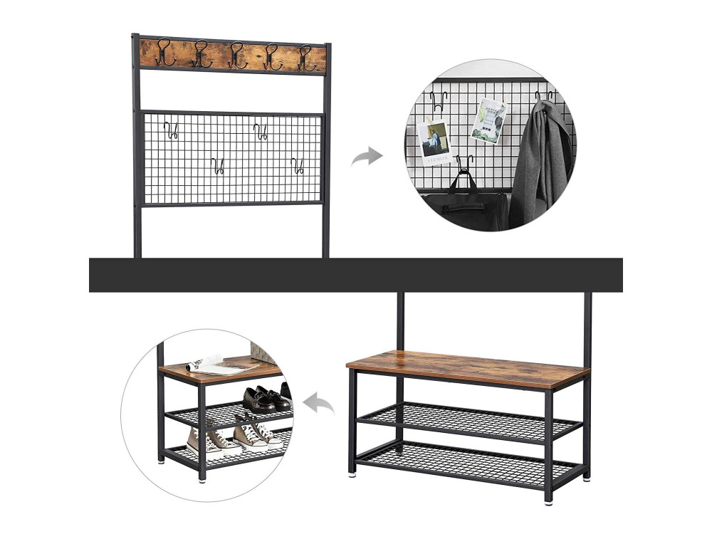 Porte-manteau industriel et Banc avec étagères 
